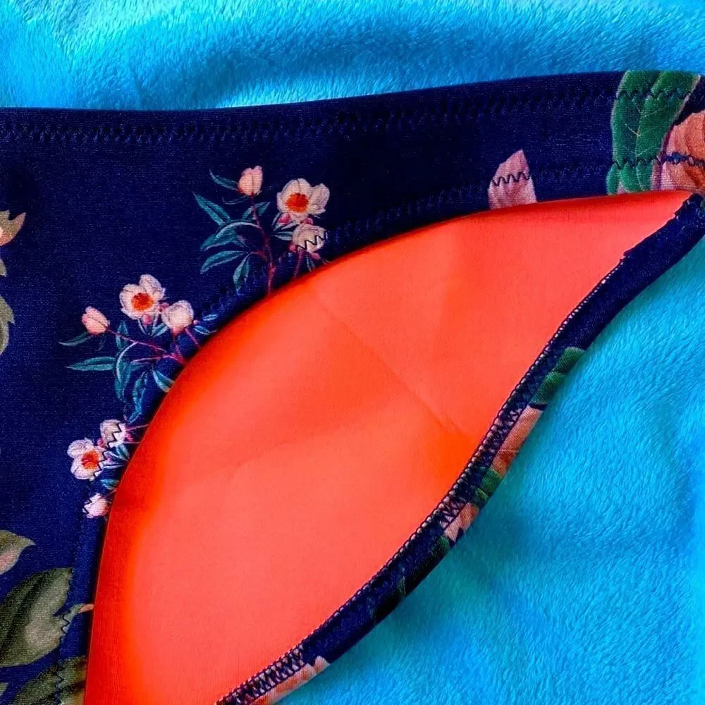 Triangl Navy Blue Bikini Bottom Orange Flowers Floral Swimwear Tropical Vacation